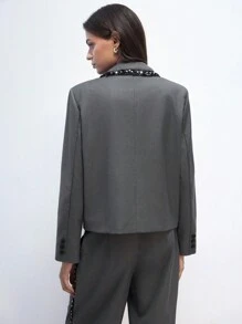 Maija 女士时尚都市撞色领水钻垫肩短款双排扣灰色西装外套，时尚简约，适合春夏季节，适合情人节、派对和聚会节日 - 灰色 - 查看 5