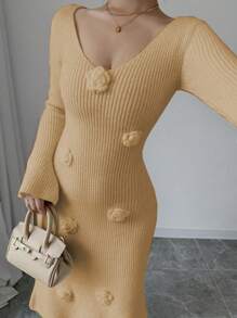 SHEIN Unity 女士 3D 花卉装饰纯色休闲长袖连衣裙 - 卡其色 - 查看 6