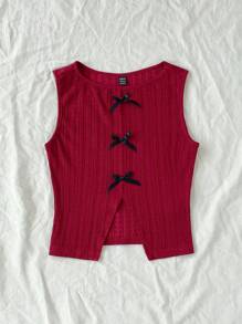 Soleia Áo ba lỗ dệt kim họa tiết màu đỏ cỡ lớn dành cho nữ, dáng ôm vừa vặn, có nơ trang trí và viền bất đối xứng, quần áo mùa đông - Đỏ - Xem 5