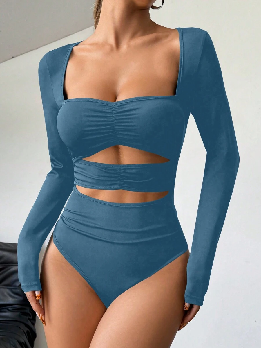 SHEIN Unity 女士秋季休闲纯色长袖紧身衣 - 霧霾藍 - 查看 1