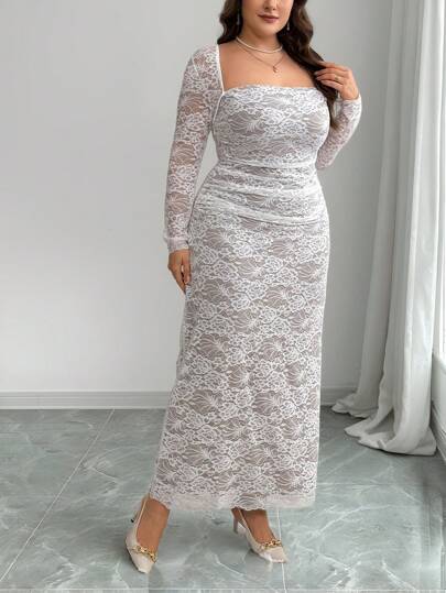 SHEIN Privé 大码女式长袖蕾丝褶皱紧身连衣裙，舒适优雅，适合浪漫约会、派对和度假，适合所有季节