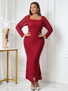 SHEIN Clasi Plus Size Women Square Neck Long Sleeve Mermaid Hem Slim Fit Elegant Dress - Burgundy - View 7