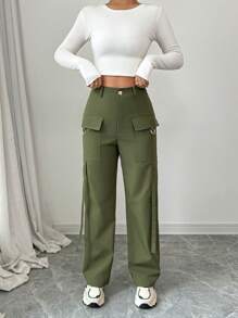 Chiquease Straight Leg High Waist Casual Cargo Pants For Women - Olive Green - View 6