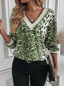 Chiquease Leopard Print Drop Shoulder V-Neck Ribbed Loose Pullover Sweatshirt  Fall Outfit - Army Green - View 6