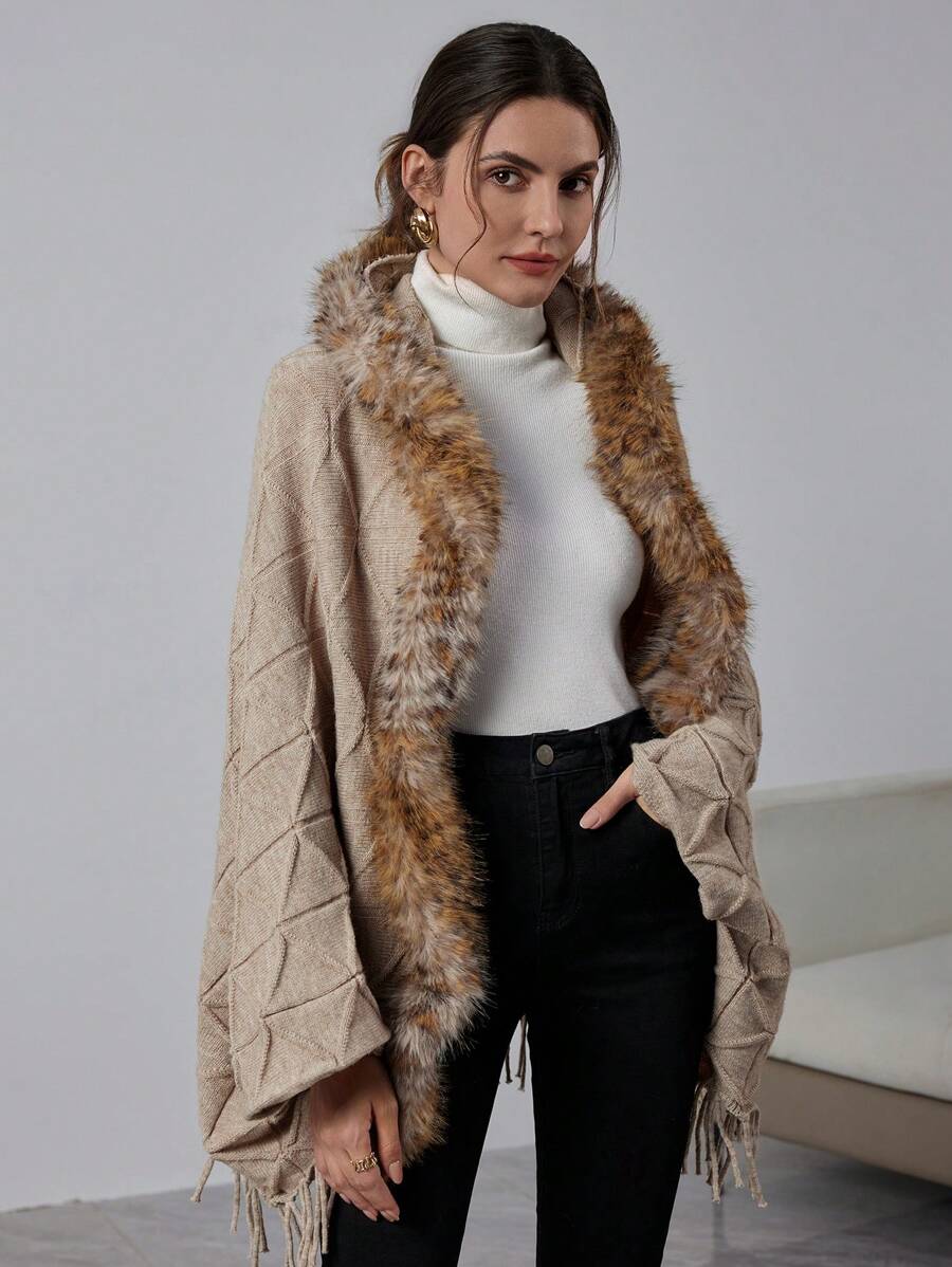 SHEIN Privé Women's Casual Patchwork Fluffy Batwing Sleeve Cardigan, Autumn/Winter - Coffee Brown - View 1