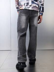 SHEIN Explorewe Teen Boy New Arrival European Style Fashion 3D Graphic & Painted Dots Detail Straight Dark Gray Denim Jeans - Dark Grey - View 2