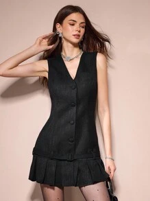 Enchnt 女士夏季时尚简约前纽扣无袖连衣裙，适合通勤 - 黑色 - 查看 1