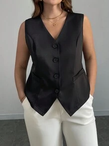 Elenzga Áo vest không tay cài một hàng khuy dành cho nữ cỡ lớn, áo blazer đen thanh lịch thắt eo, phong cách cho công sở, tiệc tùng, trang phục thường ngày, áo blazer màu nâu dành cho nữ, áo vest kẻ caro, áo blazer tay dài thanh lịch, áo blazer kẻ caro cỡ lớn, trang phục mùa thu cho nữ, trang phục công sở nữ, trang phục chuyên nghiệp cho nữ, trang phục văn phòng cho nữ. - màu đen - Xem 4