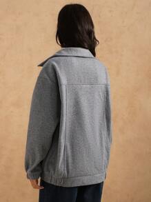 TrendSteals 女式纯色长袖拉链休闲宽松夹克，秋冬 - 灰色 - 查看 6