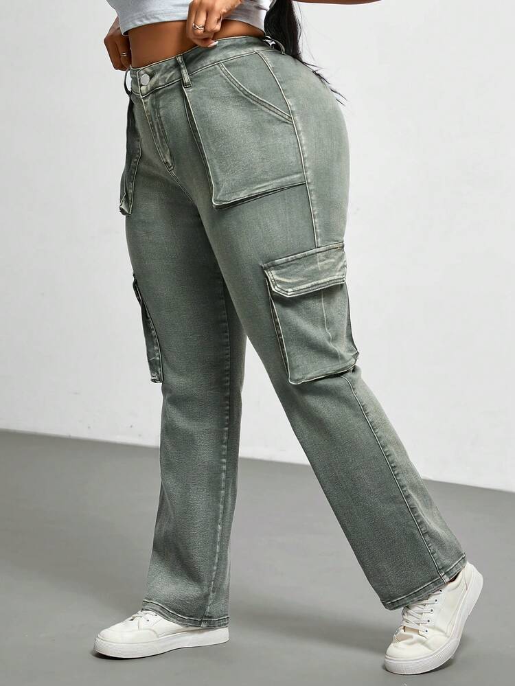 SHEIN Essnce 大码休闲紧身弹力绿色工装牛仔裤 - 綠色 - 查看 3