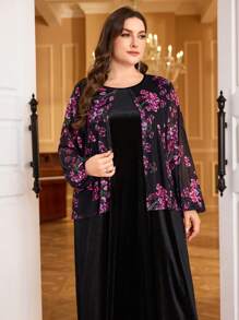 Modelyn Vestido largo de manga larga con estampado de malla, parche de terciopelo en estilo árabe para mujer de talla grande, vestido de noche largo