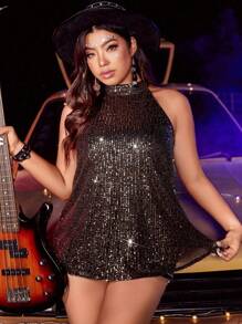 Allurite Plus Size Women Solid Sequin Halter Neck Glamorous Party Camisole - Multicolor - View 5