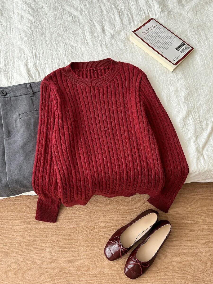 SHEIN Unity Encore Red Knitted Twist Cable Crew Neck Sweater, Autumn/Winter For New Year Clothes - Red - View 1