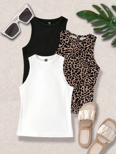 SHEIN LUNE Parte superior casual sin mangas de cuello redondo talla grande, camiseta con estampado de guepardo de uso diario minimalista