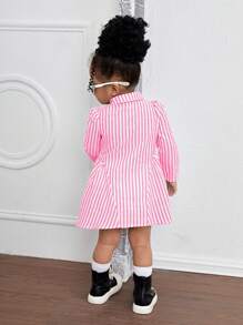 SHEIN 女婴梭织长袖条纹领合身休闲连衣裙（不含领带） - 玫紅色 - 查看 2
