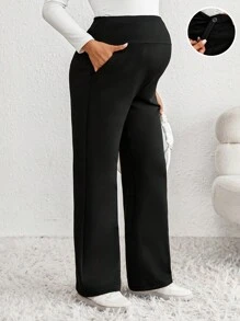 SHEIN Maternity Solid Color Adjustable Waist Straight Loose Casual Pants - Black - View 1
