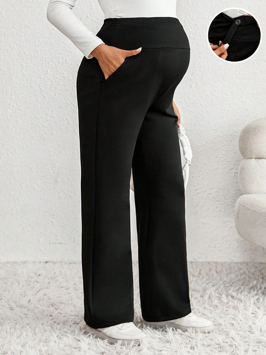 SHEIN Maternity Solid Color Adjustable Waist Straight Loose Casual Pants - Black - View 1