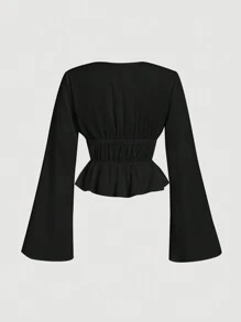 SHEIN MOD 女式系带喇叭袖衬衫，镂空服装女式衬衫，魔鬼服装，复古，海盗上衣，嬉皮士服装，外出上衣 - 黑色 - 查看 2