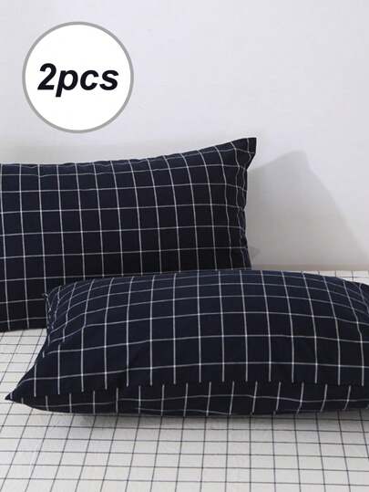 2 件蓝色格子枕套，适合男士、学生宿舍、四季皆宜、单人床/双人床/大号床/特大号床