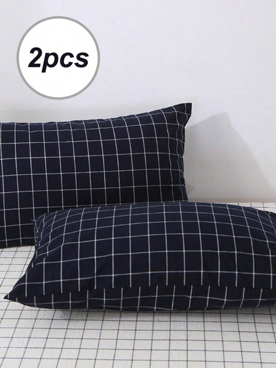 2 件蓝色格子枕套，适合男士、学生宿舍、四季皆宜、单人床/双人床/大号床/特大号床 - 藍白色 - 查看 1