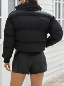 Chiquease 1 chiếc Áo khoác phao dài tay tối giản có khóa kéo phía trước màu trơn dành cho nữ, mặc thường ngày - màu đen - Xem 2