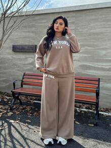 SHEIN EZwear Plus Size Damskie Dresy Dla Kobiet, Khaki Letter Print Bluza Z Okrągłym Dekoltem Dopasowana Do Spodnie 2 Części Zestawu, Plus Size, Zimowe Ubrania Dla Kobiet - Kolor khaki - Zobacz 3