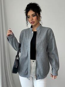 Chiquease Oversized Casual Sports Varsity Jacket - Grey - View 5