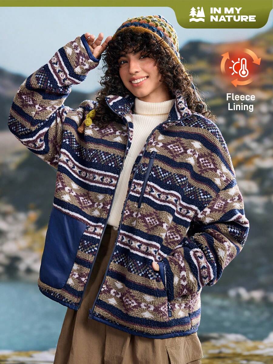 In My Nature Áo khoác lông cừu Sherpa sọc nhiều màu cổ đứng - Cà phê nâu - Xem 1