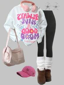 SHEIN Explorewe Tween Girls Street Style Two-Piece Set, Letter Print Hooded Sweatshirt And Leggings, Perfect For School And Outdoor Wear In Spring And Fall - White - View 1