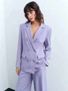 SHEIN X JIMENA & MATEO Maija Conjunto de blazer holgado de manga larga y pantalones rectos elegante para mujer, con detalles de bolsillos, hombreras acolchadas y doble botonadura en color morado, adecuado para fiestas elegantes navideñas y festivales
