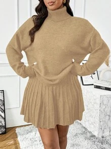 Franclia Conjunto de suéter de cuello de punto y falda mini acanalada de punto para talla grande, atuendo casual y versátil para uso diario en invierno