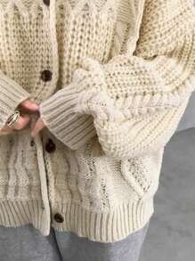 FRIFUL 女士纯色落肩长袖单排扣宽松休闲开衫，适合秋冬季，秋季女装 - 杏色 - 查看 7