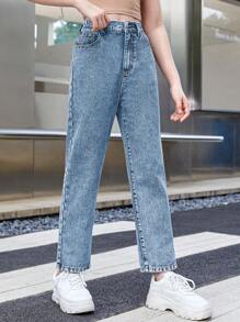 SHEIN Vaqueros rectos holgados y versátiles con bolsillos para adolescentes y chicas - Azul lavado medio - Ver 6