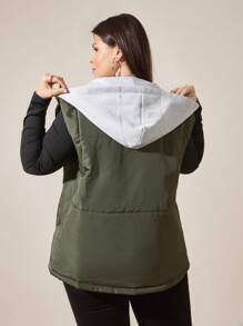 RueChic Casual Sleeveless Zip Up Puffer Vest Jacket With Hoodie - Green - View 2