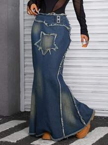 SHEIN ICON Frayed Hem Vintage Washed Denim Mini Skirt