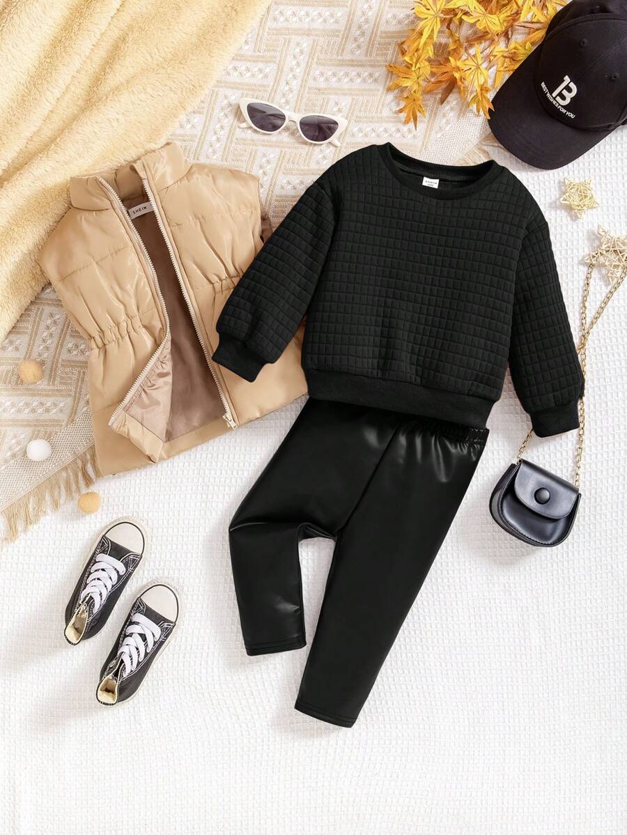 SHEIN 3pcs Baby Girl Plaid Sweatshirt, Fleece Vest And Faux Leather Pants Set, Fashionable And Cute For Autumn/Winter - Black - View 1