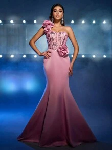 Glamrae 优雅奢华莲花粉色单肩 3D 花卉鱼骨闪亮亮片拼布缎面性感背部系带鱼尾连衣裙，适合婚礼、活动、派对、节日、正式场合、婚礼宾客礼服 - 藕粉色 - 查看 7