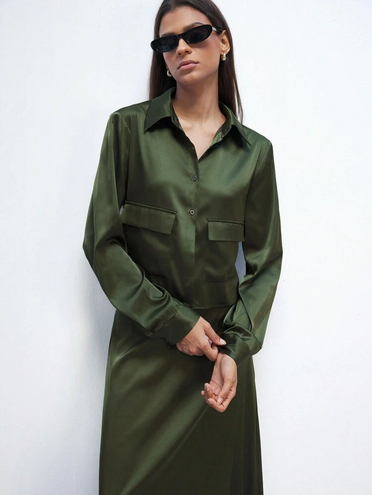 SHEIN Maija Women's Military Green Everyday Casual Versatile Front Pocket Detail Long Sleeve Blouse, Autumn/Winter & Christmas