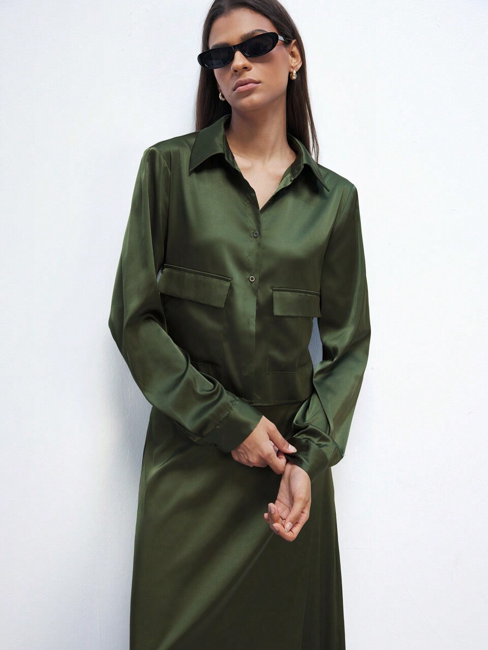 SHEIN Maija Women's Military Green Everyday Casual Versatile Front Pocket Detail Long Sleeve Blouse, Autumn/Winter & Christmas