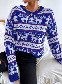 SHEIN LUNE Women's Round Neck Long Sleeve Cute Christmas Elk Pattern Detail Minimalist Sweater, Casual For Daily Wear Knit Pullover Fall Winter