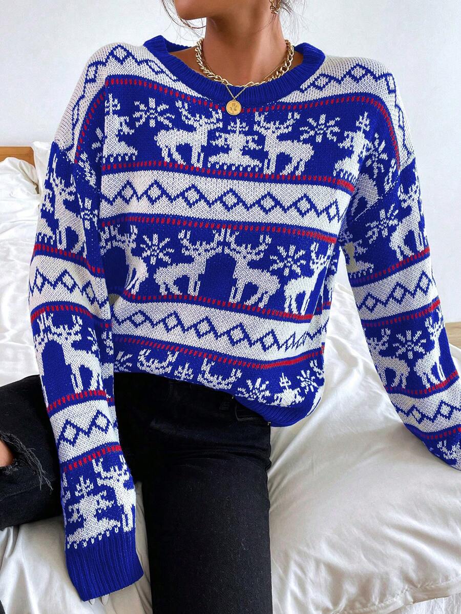 SHEIN LUNE Women's Round Neck Long Sleeve Cute Christmas Elk Pattern Detail Minimalist Sweater, Casual For Daily Wear Knit Pullover Fall Winter