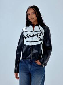 MUSERA Contrast Slogan Stand Collar Racer Jacket Winter Evening - Multicolor - View 3