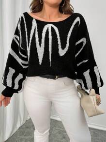 SHEIN Unity Plus Size Women Colorblock Round Neck Batwing Loose Casual Knit Sweater, Autumn/Winter Knit Pullover Fall - Black - View 4