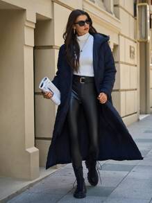 EURMUSE Women's Simple Padded Hooded Long Winter Coat - Navy Blue - View 5