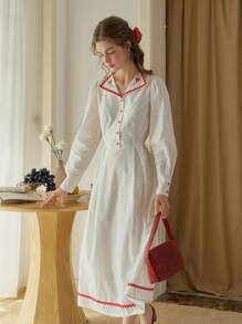 Simple Retro 女装春夏休闲平驳领撞色玫瑰刺绣白色优雅复古优雅情人节长连衣裙 - 白色 - 查看 5