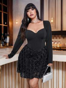 Allurite 大码黑色长袖迷你连衣裙，带 3D 玫瑰下摆喇叭裙，派对装 - 黑色 - 查看 1