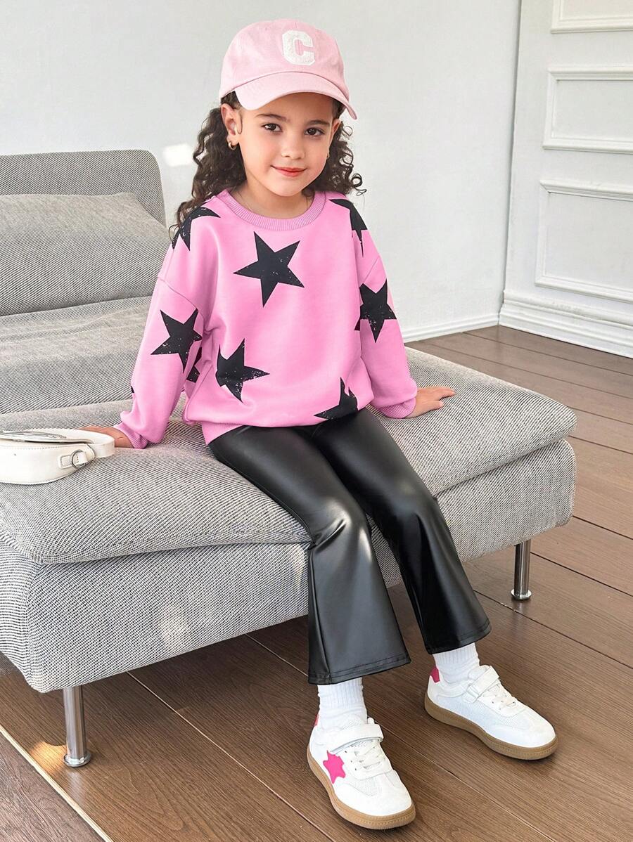 SHEIN 年轻女孩基本款休闲日常舒适针织圆领套头运动衫，带星星印花和针织裤 PU 套装 - 粉色 - 查看 1