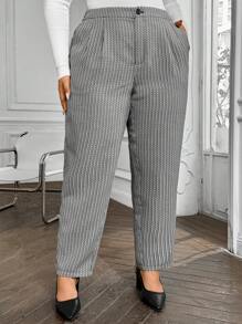 SHEIN Clasi Plus Size Women Pocket Pleated Casual Tweed Cone Pants