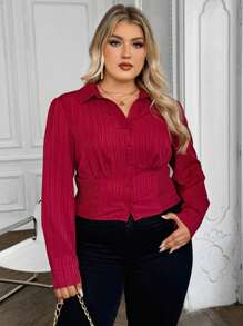 SHEIN VCAY Camisa casual de manga larga con botones, espalda fruncida, cintura ceñida y estilo vacacional western, en color caqui marrón para talla grande, ideal para ocasiones como Acción de Gracias - Caqui - Ver 4