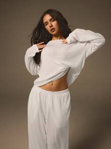 Athîral 2pcs Women White Color Pointelle Round Neck Long Sleeve Simple Top And Pants Set Pajamas Winter Summer Fall - White - View 2